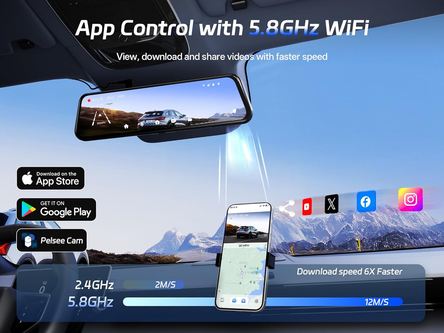 Pelsee 4K+2.5K Mirror Dash Cam with Front Starvis 2 IMX678 & Rear IMX335, 12" Rear View Mirror Camera, Color Night Vision, 5.8GHz WiFi, ADAS & BSD, Included OBD Hardwire Kit, 128GB Card, P12 Pro Max