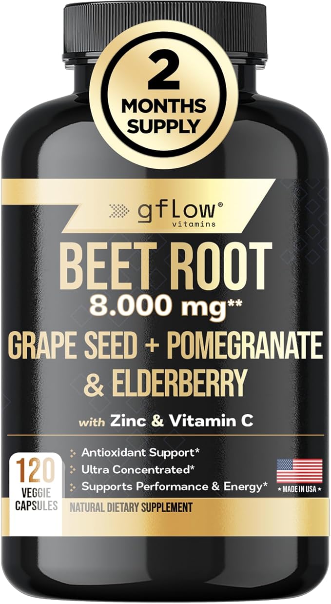 Beet Root Powder Capsules 8000mg High concentrated formula, Beetroot Extract, Elderberry with Vitamin C and Zinc, Pomegranate, Grape Seed, Nitric Oxide Supplement - Non-GMO, USA Made - 2 Months Supply