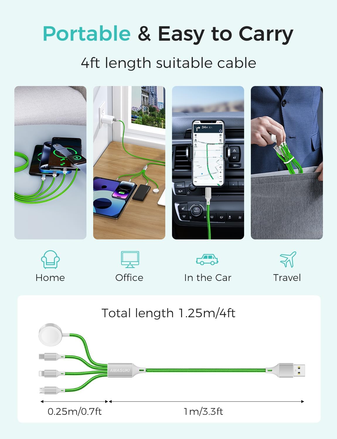 2Pack Travel Essentials Multi Charging Cable for Watch Charger 4 in 1 Fast Charger Camping Essentials USB C/L/Micro Compatible with Watch Series 10-1/SE/Ultra Phone 16 15/Galaxy Android-4FT/Green