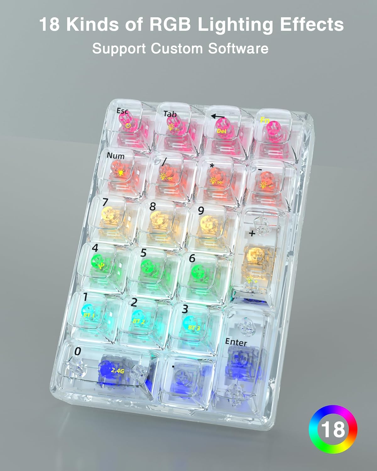 SOLAKAKA K21 RGB Backlit Tri-Mode Transparent Wireless Mechanical Number Pad Supports 3 BT/2.4GHz/Type C Wired,Hot Swappable 21 Keys Mechanical Numpad with Transparent Keycaps White