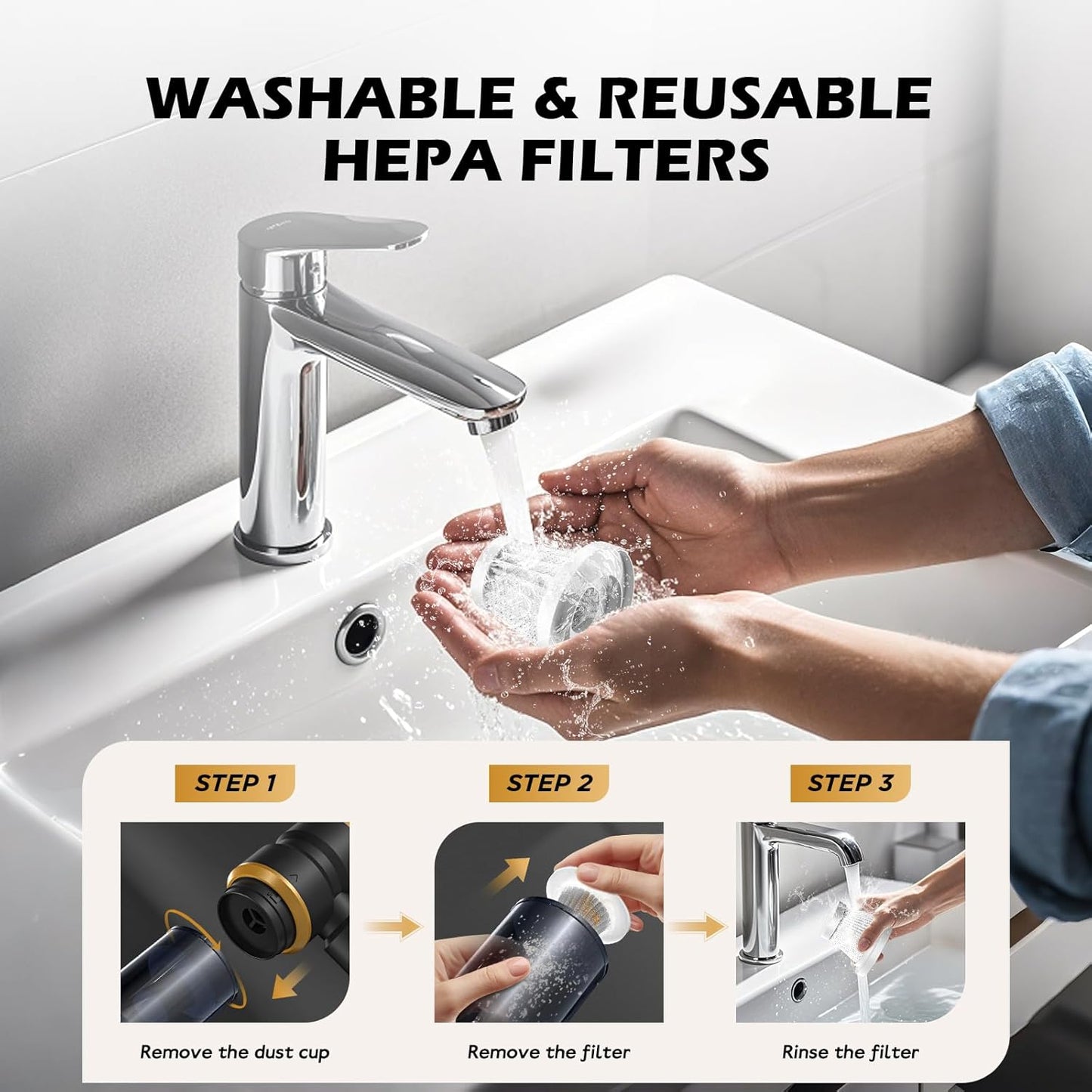 Handheld Car Vacuum with 15000PA Power, 4 in 1 Small Powerful Cordless Vacuum Cleaner & Air Duster with 2000mAh Battery, Rechargeable Portable Mini Hand Held Vacuum for Car, Home,Office,Pet Hair(Gold)