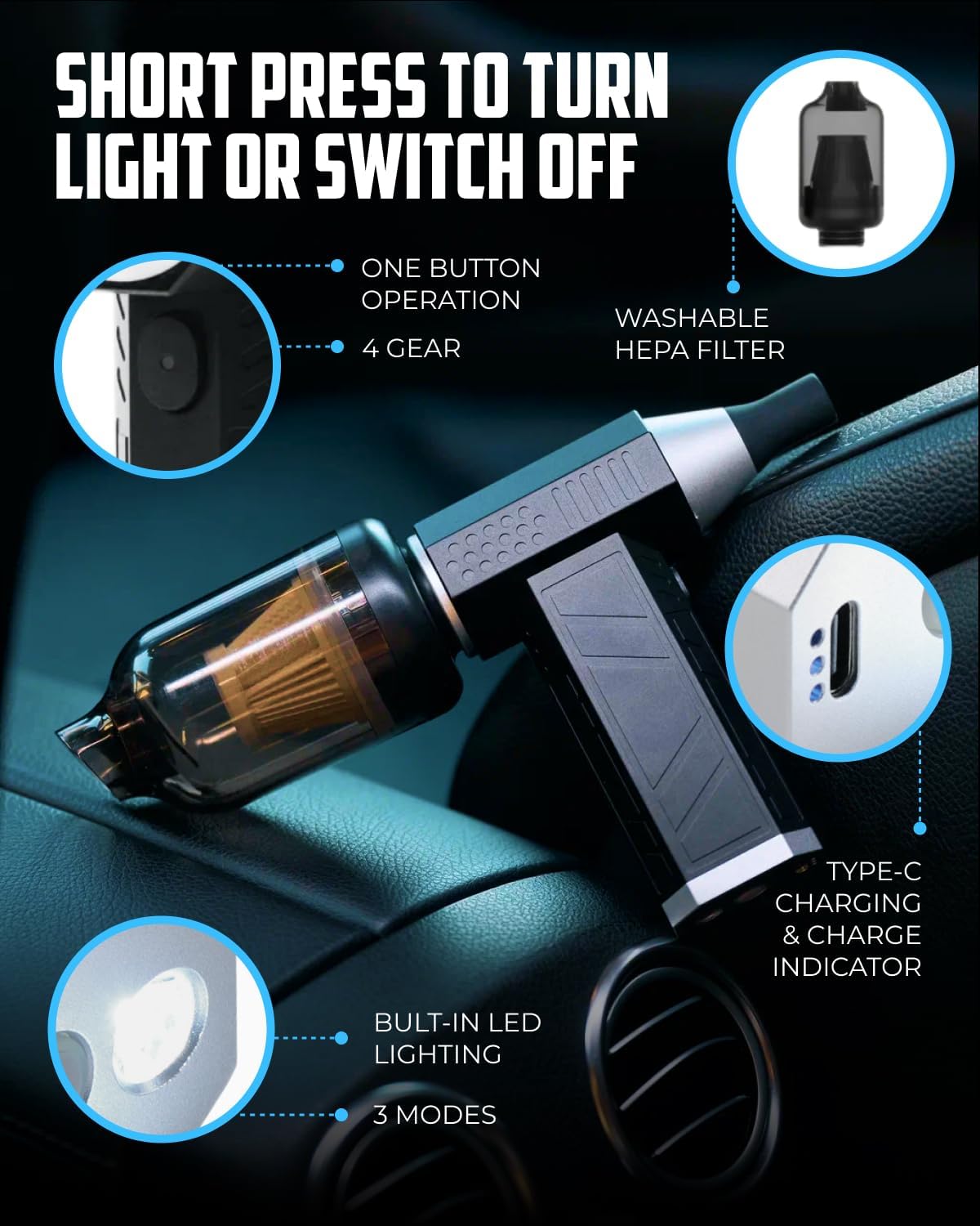 Owleys Portable Car Vacuum Cleaner “CrossClean 2-in-1 Vacuum & Air Blower | 120W High-Power | 8 Attachments | 12V Rated Voltage | Cordless, Lightweight & Rechargeable via Type-C Cable