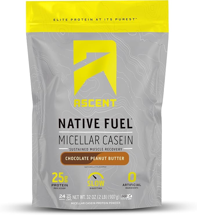 Ascent Casein Protein Powder - 25g Micellar Casein Powder with Zero Artificial Flavors & Sweeteners, Gluten Free, No Added Sugar, 4.9g BCAA, 2.2g Leucine - Chocolate Peanut Butter, 2 Pounds