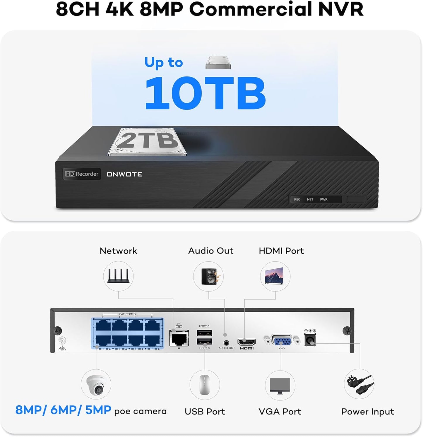 ONWOTE 4K NVR PoE Security Camera System 2 Way Audio, 8 Channel NVR 2TB, 4X 8MP Wired Outdoor IP Cameras, 125° FoV, AI Human Vehicle Detection Trigger Color Night Vision, CCTV Kit for Home Businesses