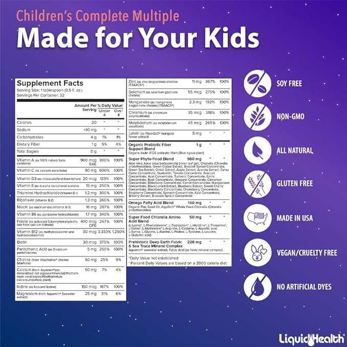 LIQUIDHEALTH Children's Complete Liquid Multivitamin for Kids, Toddlers - Essential Vitamins, Nutrients & Minerals, Immune Support, Gut Health - Great Taste, Vegan, Non GMO, Sugar-Free (2-Pack)