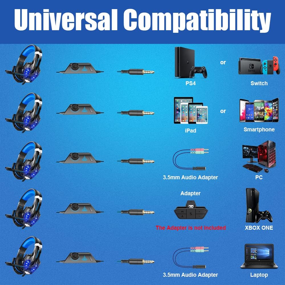 BENGOO G9000 Stereo Gaming Headset for PS4 PC Xbox One PS5 Controller, Noise Cancelling Over Ear Headphones with Mic, LED Light, 7.1 Surround Sound, Soft Memory Earmuffs for Nintendo Xbox Series X|S