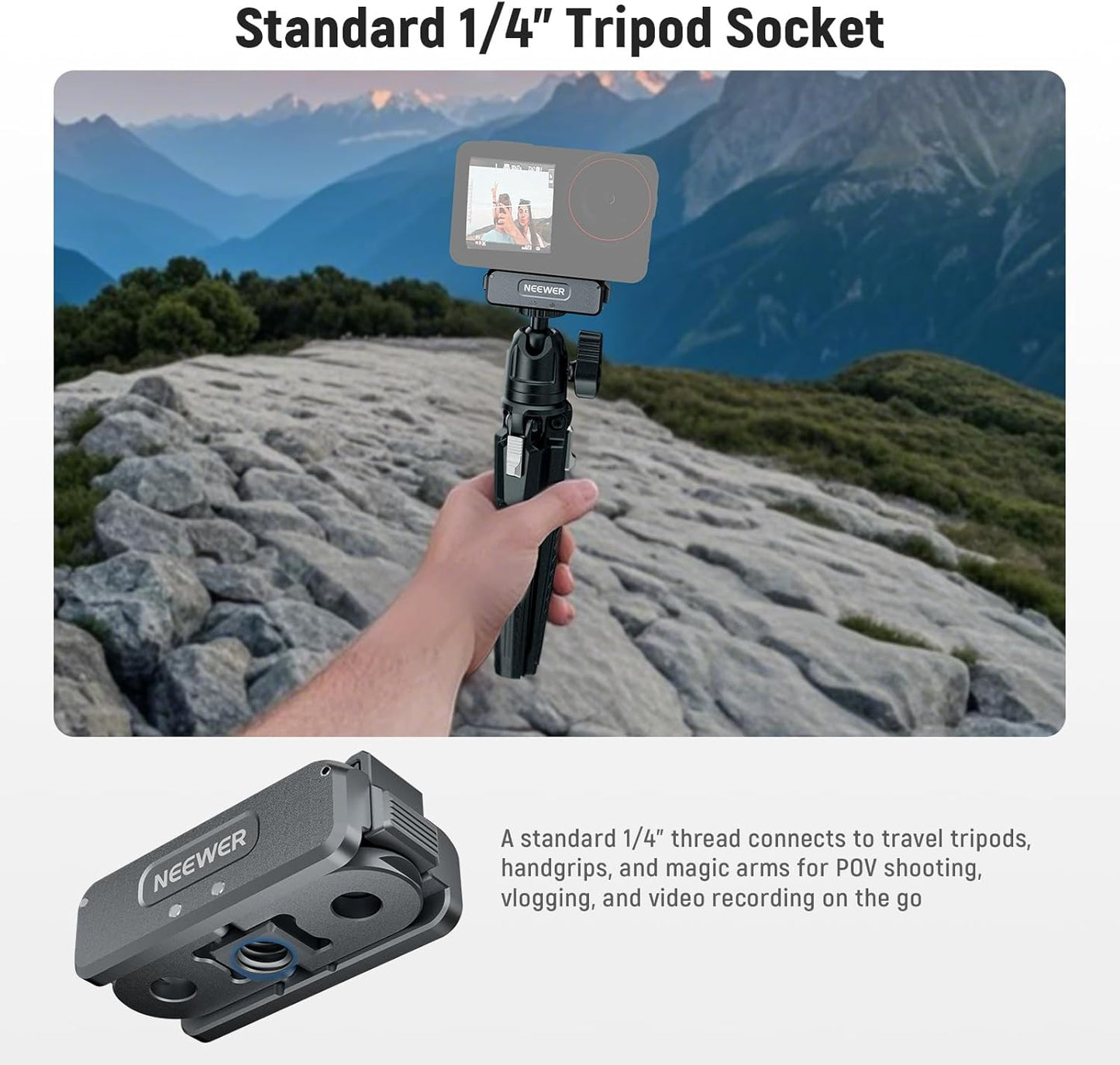 NEEWER Upgraded Magnetic Mount Adapter Compatible with DJI Osmo 360 / Action 5 Pro/4/3, Quick Release Action Camera Mount Vlogging Accessories with 1/4" Tripod Thread, AC011 Dark Gray