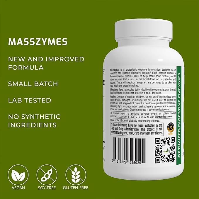 BiOptimizers MassZymes - Complete Digestive Enzymes Supplement for Gut Health - Bloating Relief for Men and Women - Lipase Amylase Bromelain Digestive Enzymes (250 Capsules)