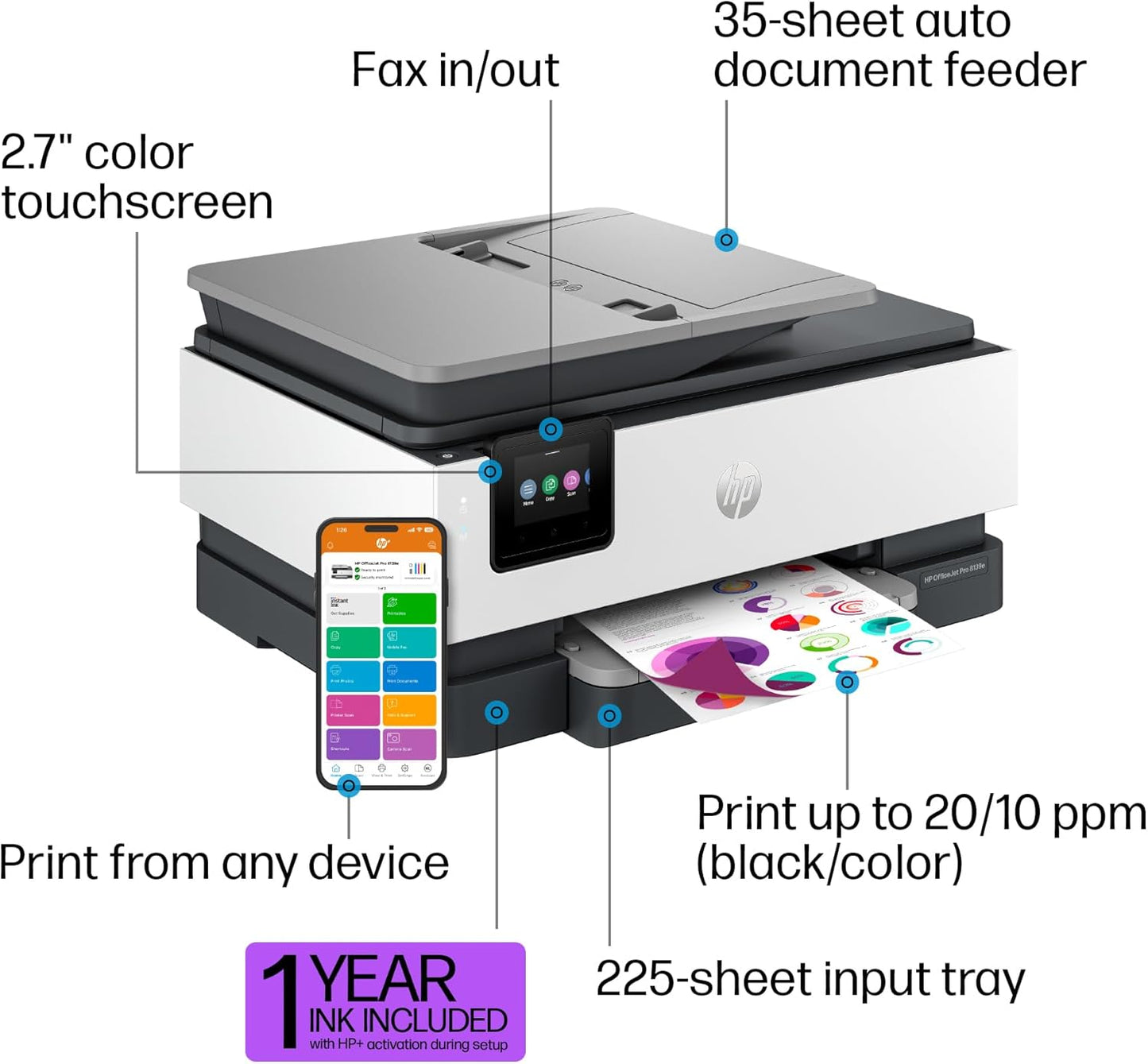 HP OfficeJet Pro 8139e Wireless All-in-One Color Inkjet Printer, Print, scan, Copy, fax, ADF, Duplex Printing Best-for-Home Office, 1 Year Instant Ink Trial Included