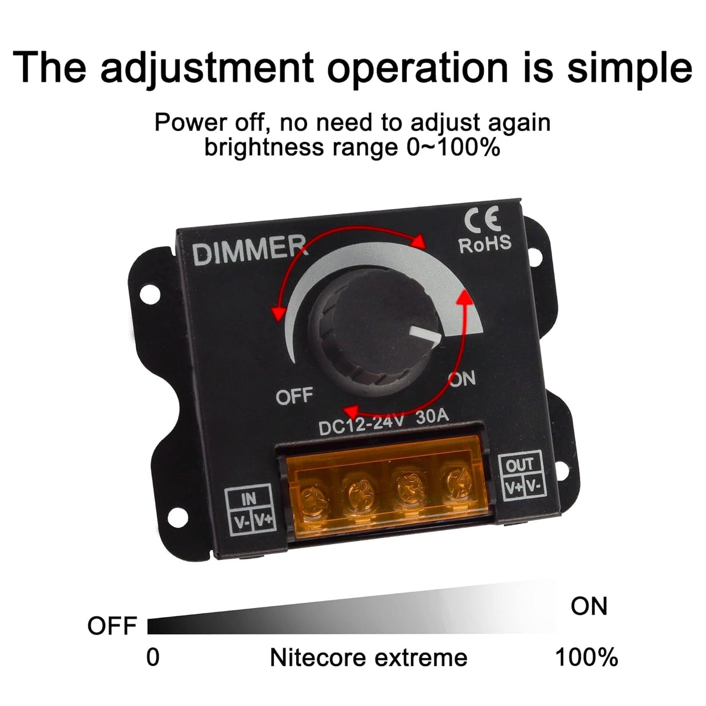 MEIRIYFA LED Light Strip Dimmer,DC 12V-24V 30A LED Light Strip Dimmer PWM Dimming Controller with ON/Off Switch Knob and Aluminum Case for 5050 3528 LED Strip Lights Adjust Brightness