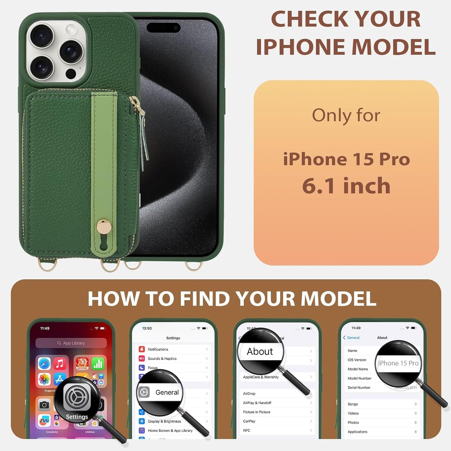 LAMEEKU for iPhone 15 Pro Wallet Case, Zipper Leather Card Slots Crossbody Cover Wrist Strap Lanyard with Phone Grip Holder Stand for iPhone 15 Pro 6.1 inch Dark Green
