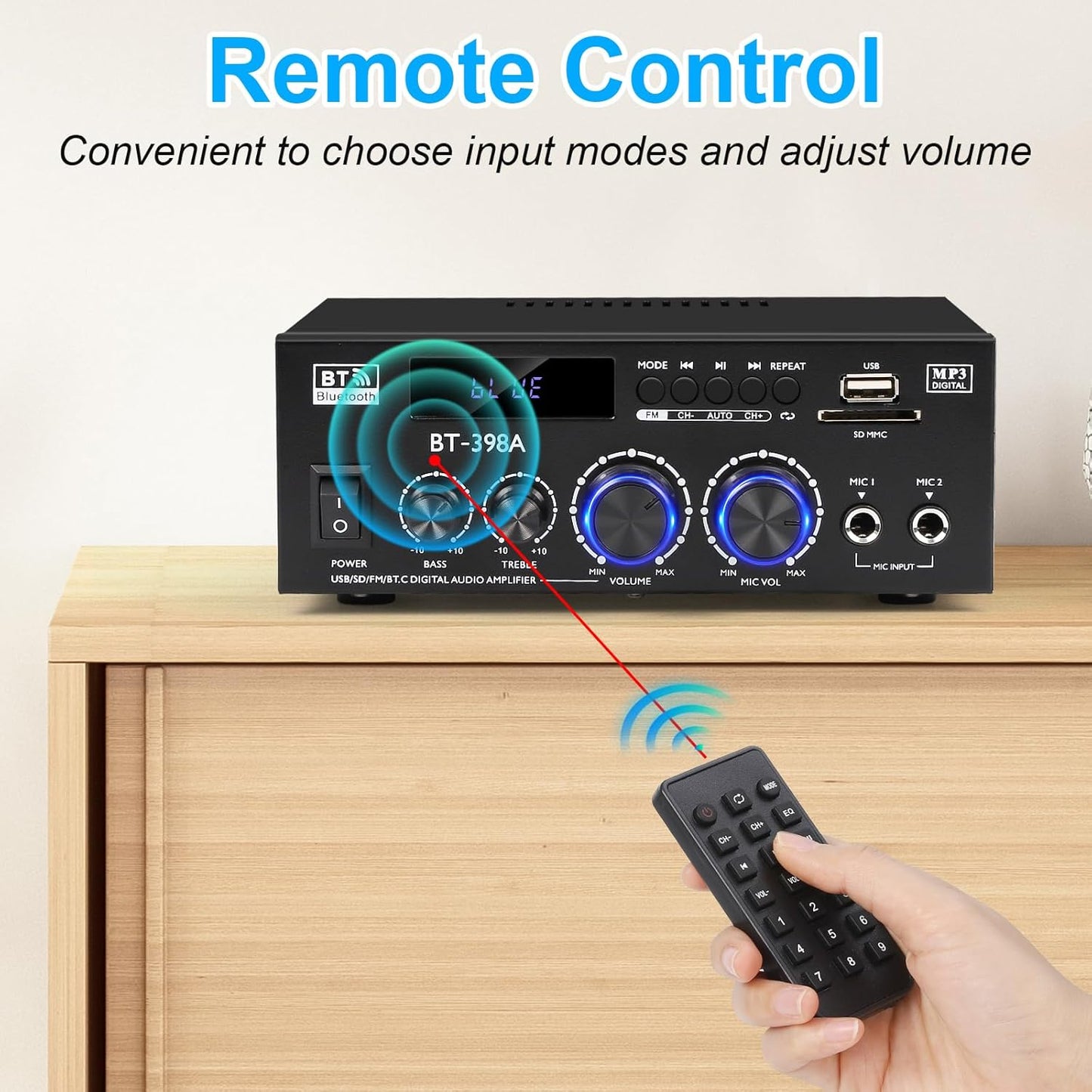 Romica Stereo Audio Amplifier, 2 Channel 450W x2 Bluetooth 5.0 Home Theater Power Amplifier with FM Radio, USB, SD, Optical & Coaxial Inputs, Amplifier for Passive Speakers and Active subwoofer