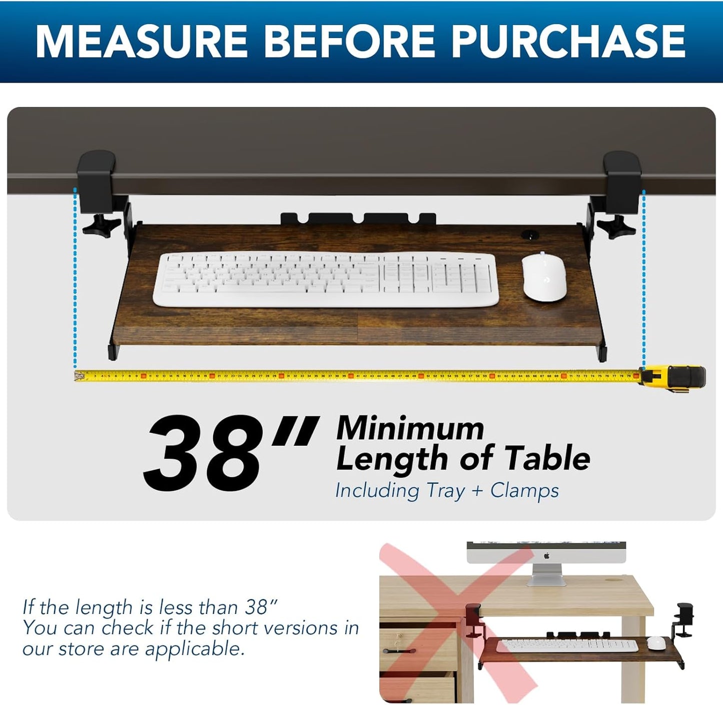AX WABER Keyboard Tray Under Desk Pull Out with Extra Sturdy C Clamp Mount System, 27.3 (32.5 inch Including Clamps) x 11 Inch Slide-Out Platform Computer Drawer for Typing Vintage AX01WG02