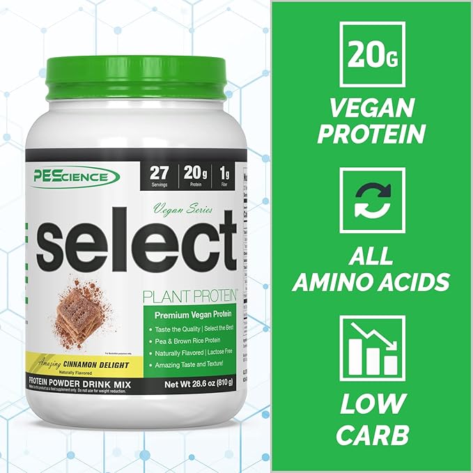 PEScience Select Vegan Plant Based Protein Powder, Cinnamon Delight, 27 Serving, Pea and Brown Rice Blend