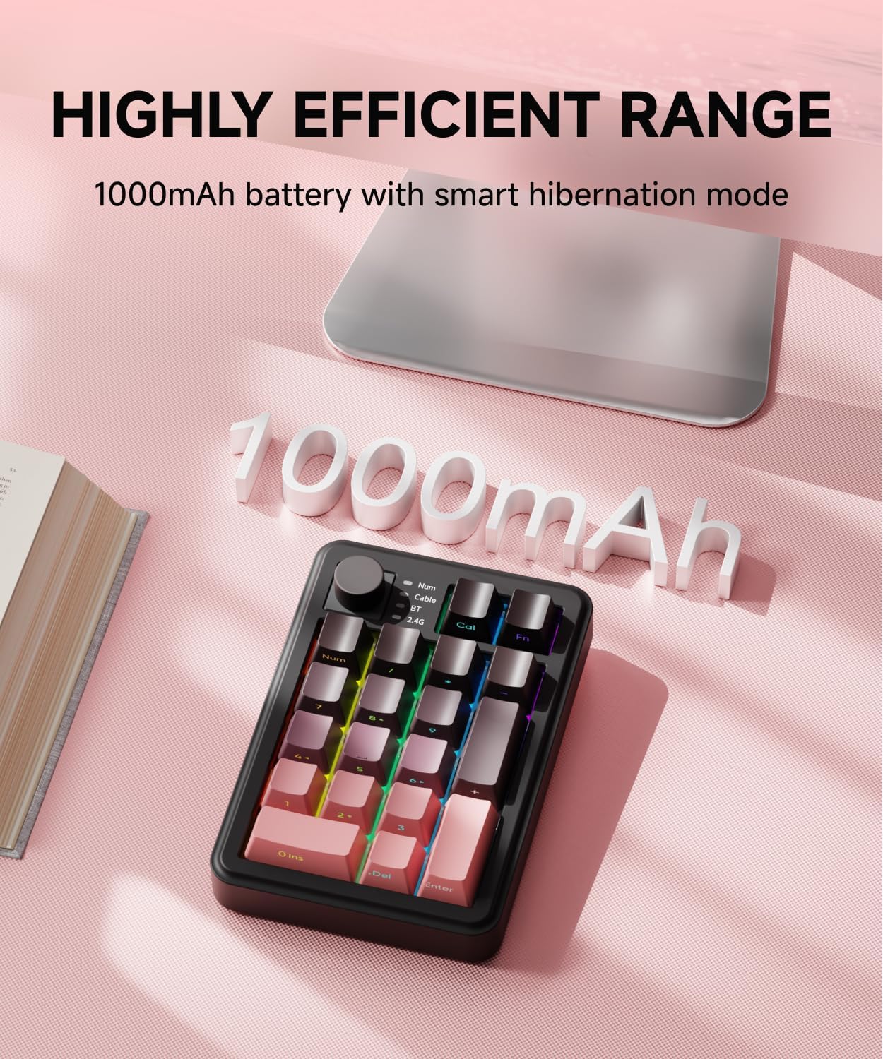 EWEADN NK20 Wireless Retro Mechanical Numpad with Knob, Bluetooth/2.4GHz/USB-C Connect with RGB Backlight Hot Swappable Number Pad, 20-Key Rechargeable External Num Pad for Win, Mac, Black Berry Pink