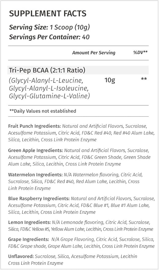 Metabolic Nutrition - TRIPEP - Tri-Peptide Branch Chain Amino Acid, BCAA Powder, Pre Intra Post Workout Supplement, Lemonade, 400 Grams (40 Servings)