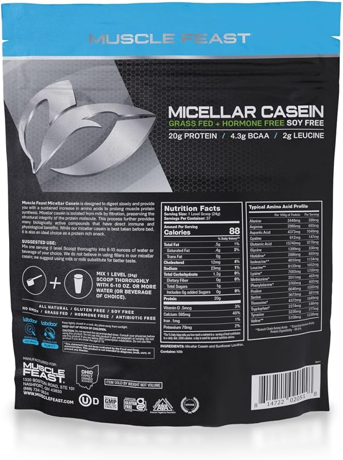 Muscle Feast Micellar Casein Protein, All Natural Pasture Raised Hormone Free Soy Free, Unflavored, 2lb