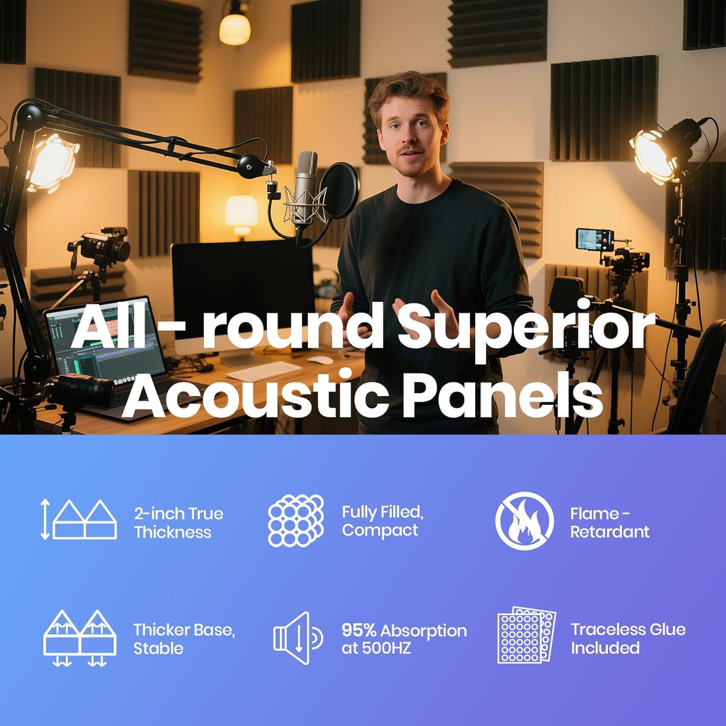 Focusound Acoustic Panels 50 Pack 2"x12"x12" with 300 PCS Double-Side Adhesive - Sound Proof Pyramid Foam for Walls, Home Studio Noise Absorption & Echo Control Kit