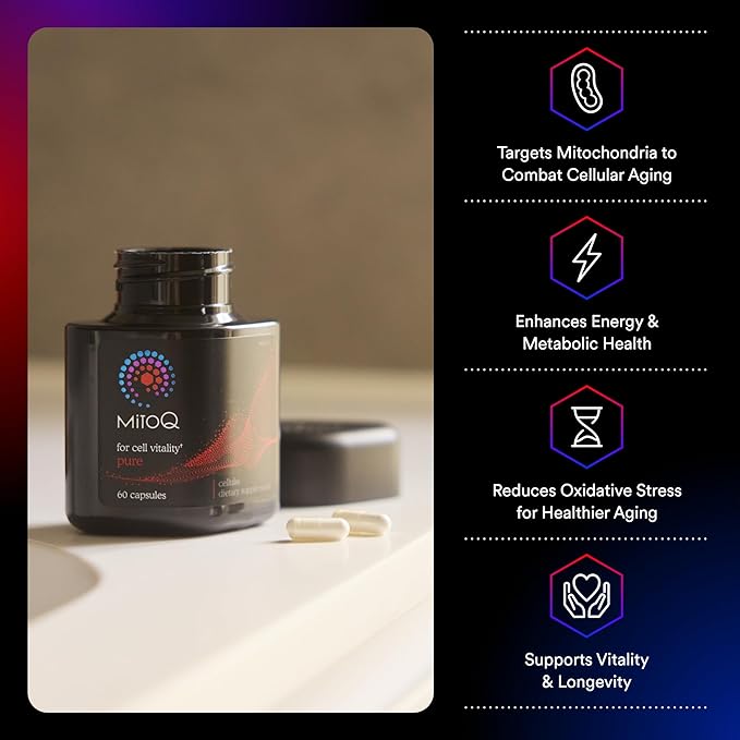 MitoQ Pure Mitochondria-targeted Antioxidant Supplement | Reducing Free Radical Damage & Oxidative Stress | Supports Cellular Longevity, Metabolic Health, Healthier Aging, and Energy (60 Capsules)