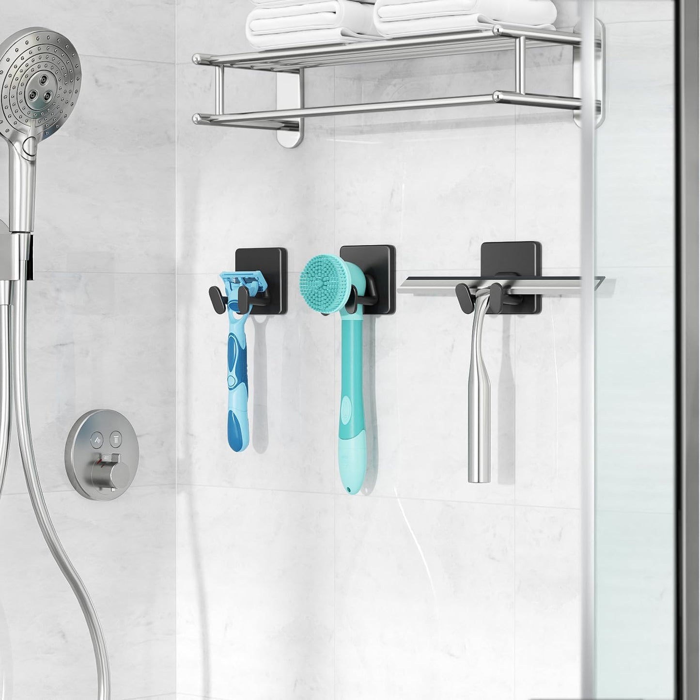 Adhesive Shower Hooks for Inside - Extra Sticky Stainless, Razor Holder Shower Accessories, Wall Mounted Self-Adhesive Double Hooks for Razor, Loofah, Towel, Shaver, Coat, Key, Matt Black, 4-Pack