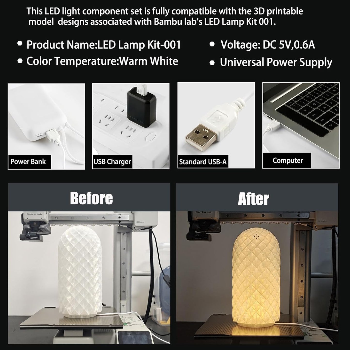 JUUPINE Dedicated Multifunctional LED Creative Lighting kit for 3D Printers,Compatible with Bambu Lab LED Lamp Kit 001, LED Creative Lighting Kit for 3D Printers for Crafting Nightlight Models.