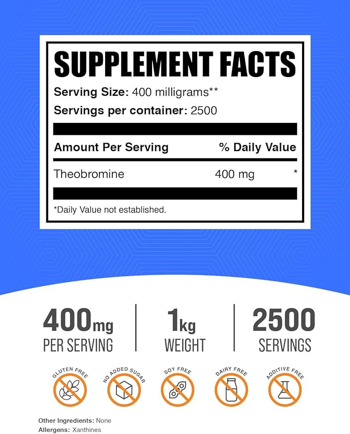 BulkSupplements.com Theobromine Powder - Theobromine Supplement, Nootropic Supplement - Energy Support, Gluten Free, 400mg per Serving, 2500 Servings, 1kg (2.2 lbs) (Pack of 1)