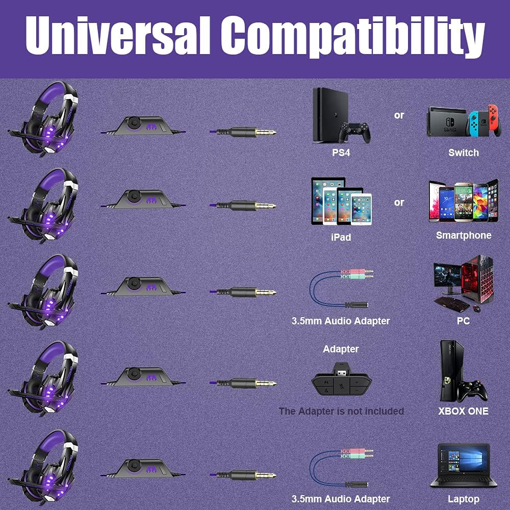 BENGOO G9000 Stereo Gaming Headset for PS5, PS4, PC, Xbox One Controller, Noise Cancelling Over Ear Headphones with Mic, LED Light, Bass Surround, Soft Memory Earmuffs - Purple