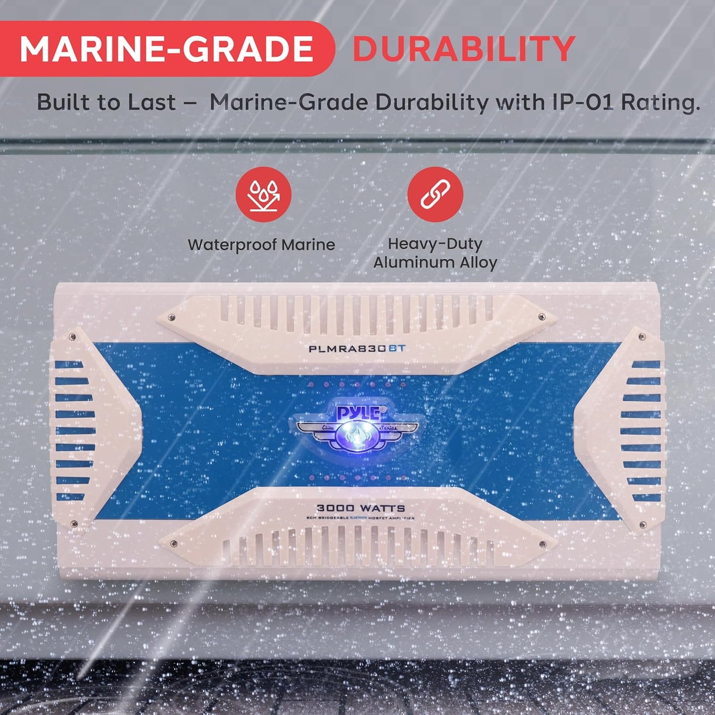 Pyle Hydra Marine Amplifier - Upgraded Elite Series 3000 Watt 8 Channel Bridgeable Amp Tri-Mode Configurable, Waterproof, MOSFET Power Supply, GAIN Level Controls and RCA Stereo Input - PLMRA830BT