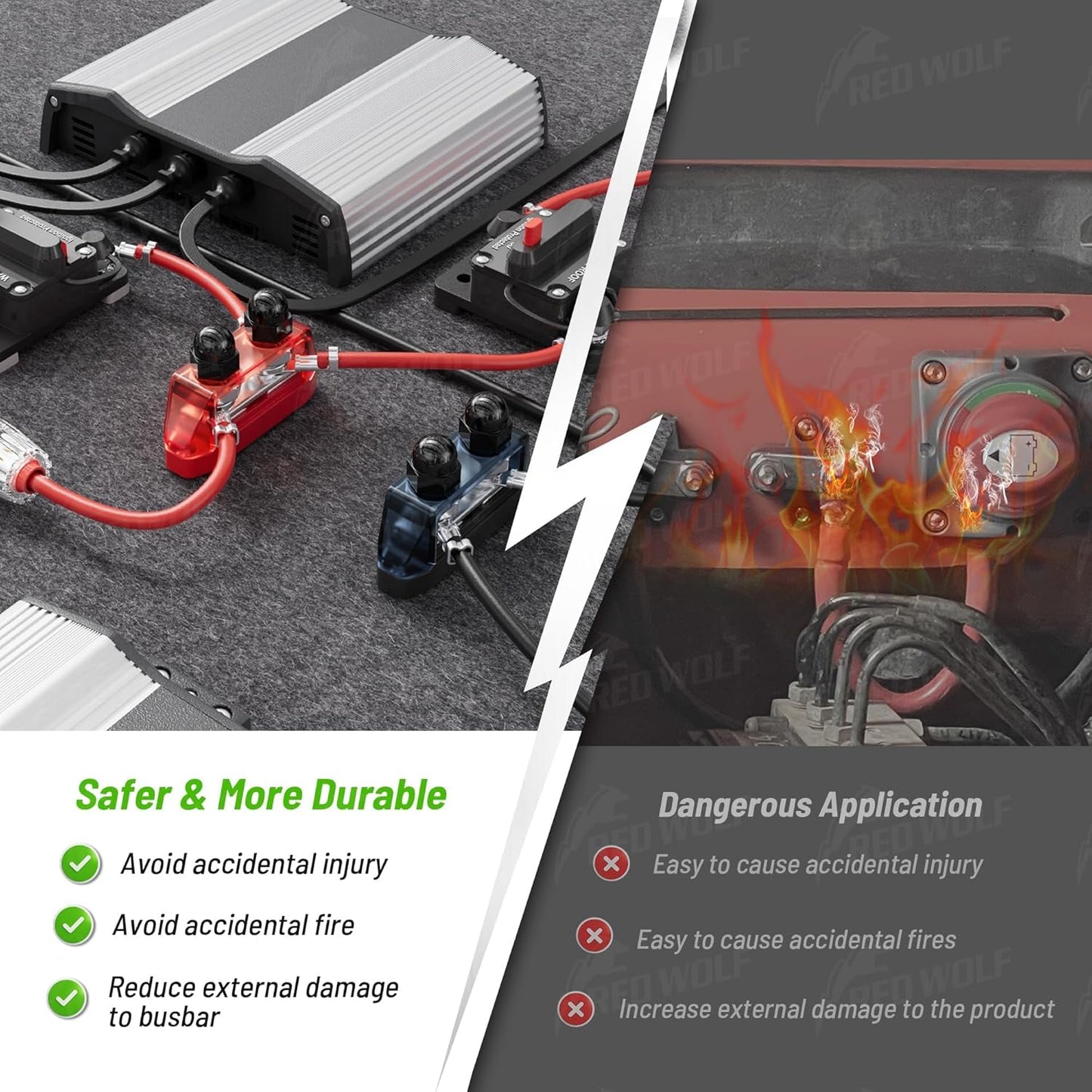 RED WOLF 2PCS 5/16" M8 Dual Stud Bus Bar 12-48V Power Distribution Block Holder 150A DC MAX, Battery Terminal Junction Dual Power Stud Busbar for Car Marine Boat Red & Black w/Screws