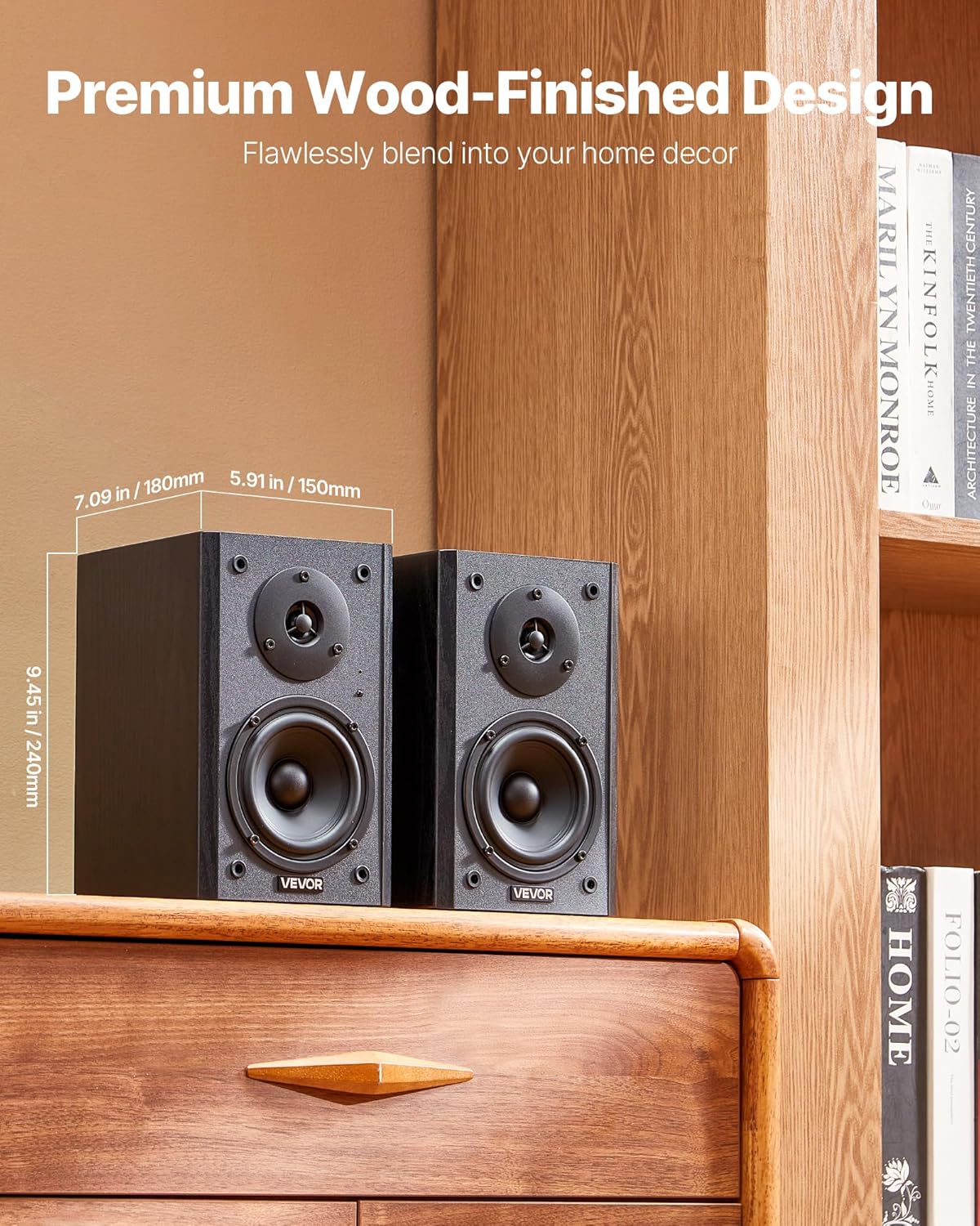 VEVOR Powered Bookshelf Speakers, 20W x 2, Active Studio Monitor Speaker with 4 Inch Woofer, Adjustable Volume and Audio with Bluetooth Optical Connection, Wooden Enclosure, for Record Player PC TV