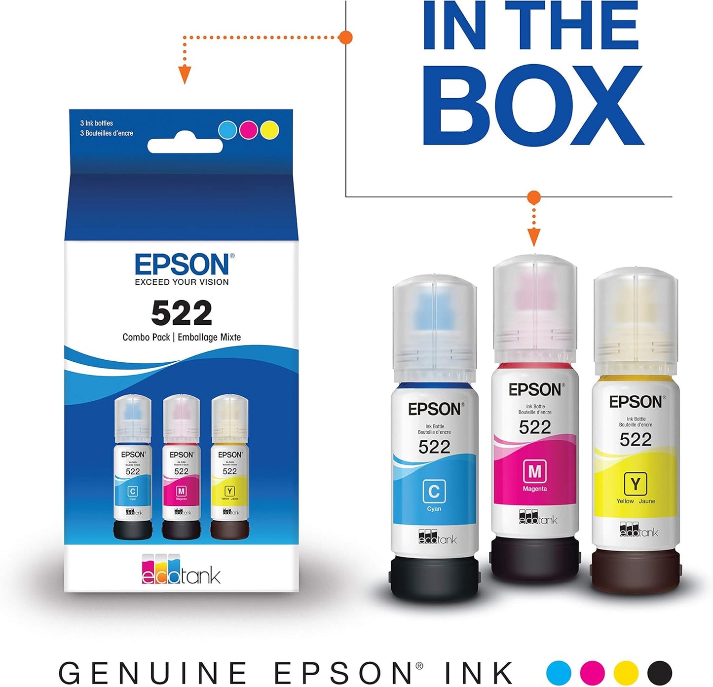 Epson EcoTank Pro ET-5850 Wireless Color All-in-One Supertank Printer, White & T522 EcoTank Ink Ultra-high Capacity Bottle Color Combo Pack (T522520-S)