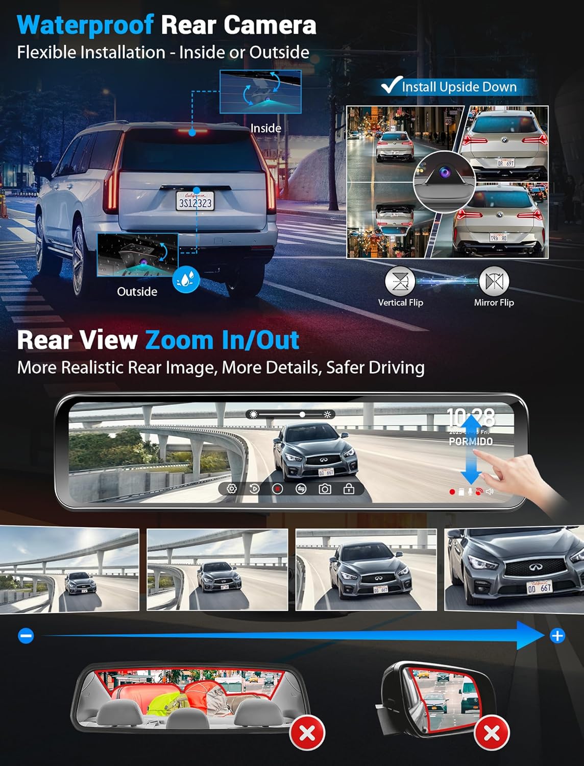 PORMIDO OEM Rear View Mirror Camera with Auto-Brightness, 11" Mirror Dash Cam with 2K Ultra-Bright Touchscreen, Detached Front Backup Rearview Zoom Built-in GPS Night Vision 64GB Card Parking Monitor