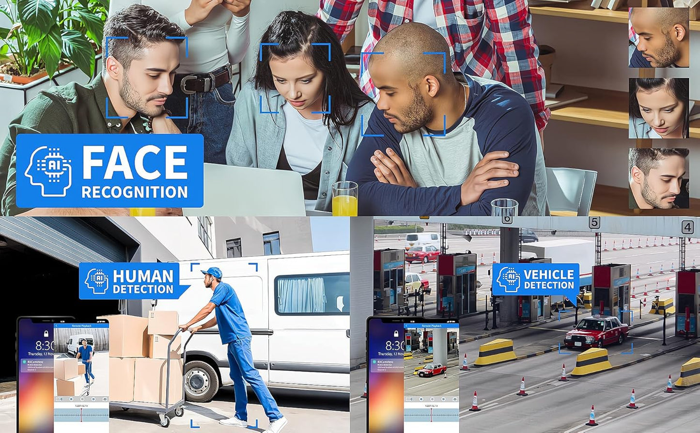 GW 8 Channel 4K NVR 8MP 4K AI Smart Home Security Camera System, (4) Dome and (4) Bullet Built-in Microphone Audio Recording HD 2160P IP PoE Cameras, Face Recognition/Human/Vehicle Detection