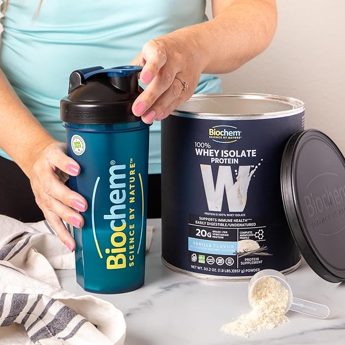 Biochem Whey Protein Isolate Powder - Vanilla Flavor, 20 Grams per Serving, Sourced from Grass Fed Cows, Non-GMO, Vegetarian, No Artificial Flavors or Sweeteners - Supports Muscle Mass & Performance