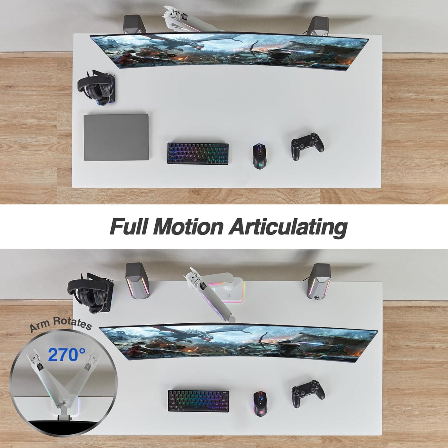 AVLT RGB Lights Single 17”-49” Gaming Monitor Arm Desk Mount, Fits One Flat/Curved/Ultrawide Screen up to 44lbs(20kg), Height Swivel Tilt Adjustable Stand - White