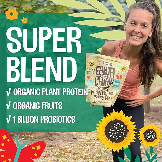 EarthChimp Organic Vegan Protein Powder - with Probiotics - Non GMO, Dairy Free, Non Whey, Plant Based Protein Powder for Women and Men, Gluten Free - 52 Servings 64 Oz (Vanilla) No Scoop