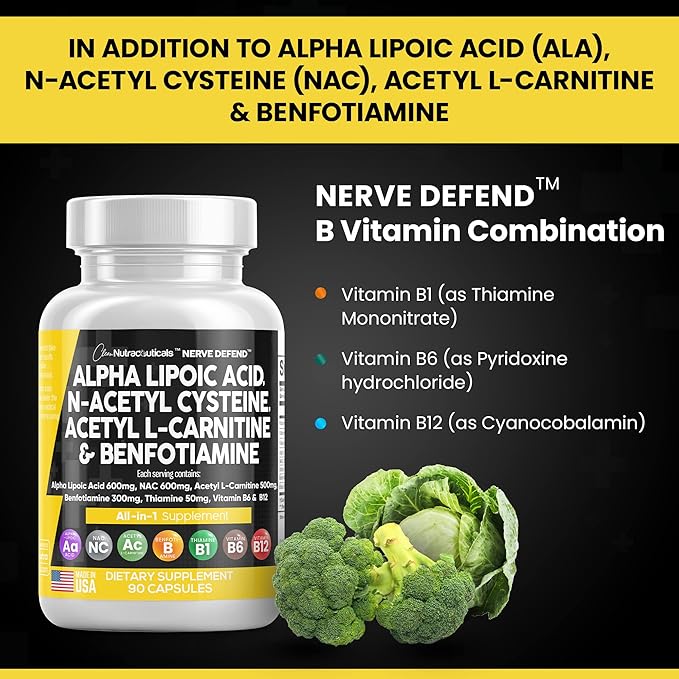Alpha Lipoic Acid 600mg N-Acetyl Cysteine 600mg Acetyl L-Carnitine 500mg Benfotiamine 300mg - Nerve Support Supplement for Women and Men with Vitamin B1, B6 & B12 - Made in USA 90 Caps