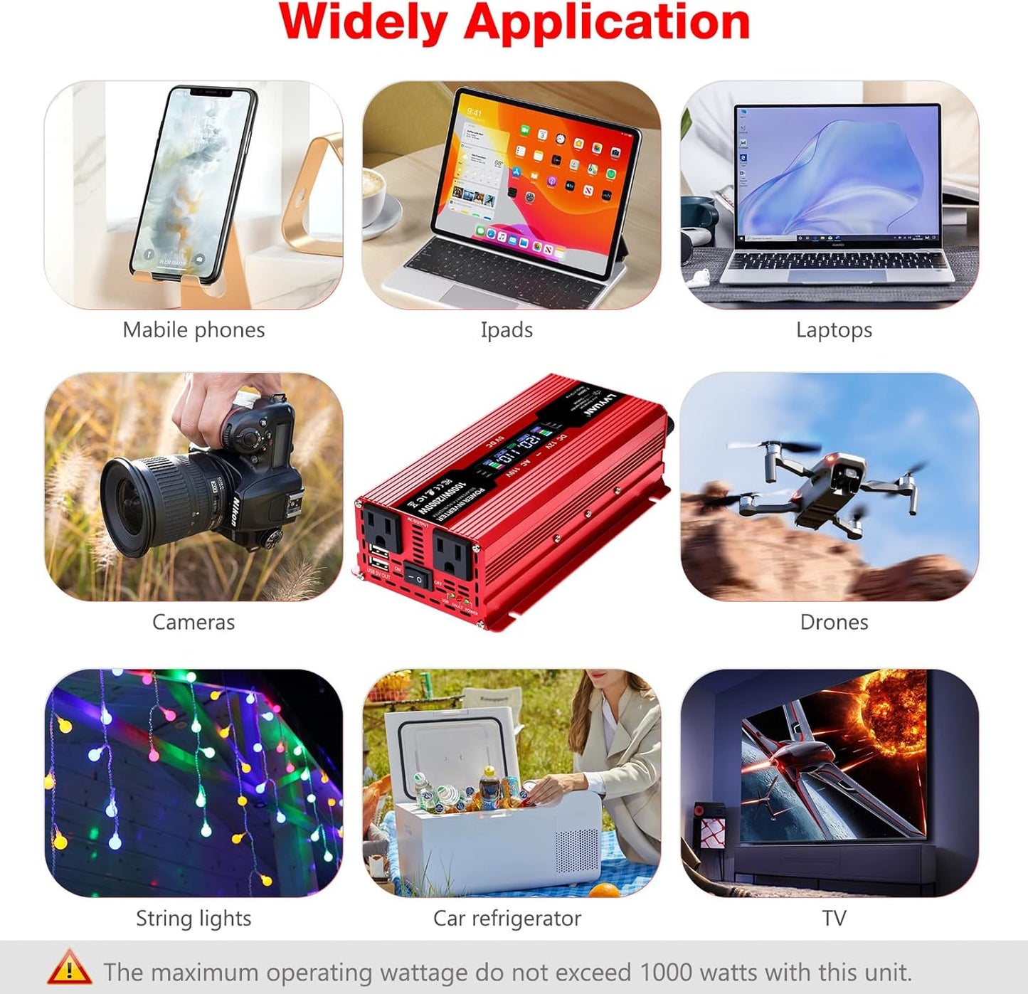 LVYUAN 1000W Car Power Inverter 12V to 110V / 120V DC to AC with 2 US Sockets, Cigarette Lighter, LCD Display, USB Ports for Car, Home, Outdoor, Camping