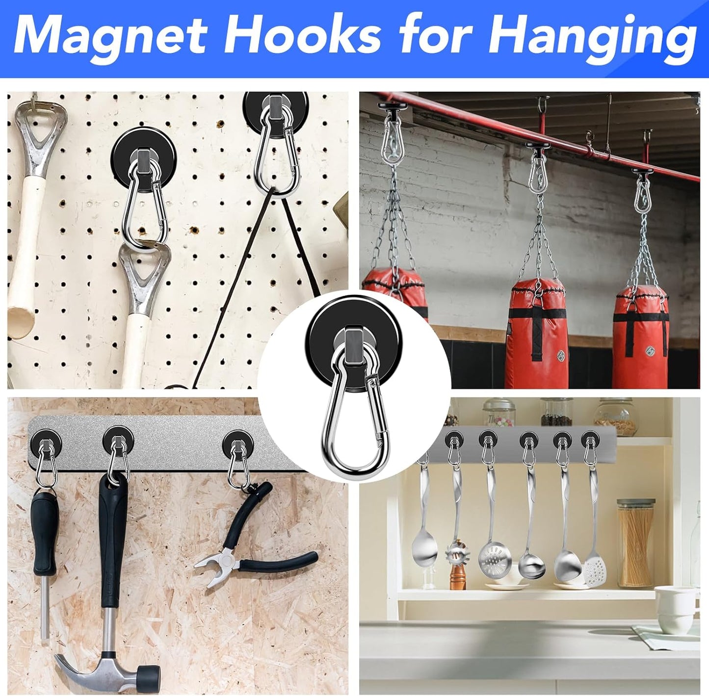 LOVIMAG Strong Magnetic Hooks, 70LBS Magnetic Hooks Heavy Duty Strong Neodymium Magnets with Carabiner Hook, Magnet Hooks with Swivel for Kitchen, Hanging, Cruise, Grill, Refrigerator - 12 Pack Black