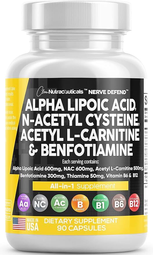 Alpha Lipoic Acid 600mg N-Acetyl Cysteine 600mg Acetyl L-Carnitine 500mg Benfotiamine 300mg - Nerve Support Supplement for Women and Men with Vitamin B1, B6 & B12 - Made in USA 90 Caps