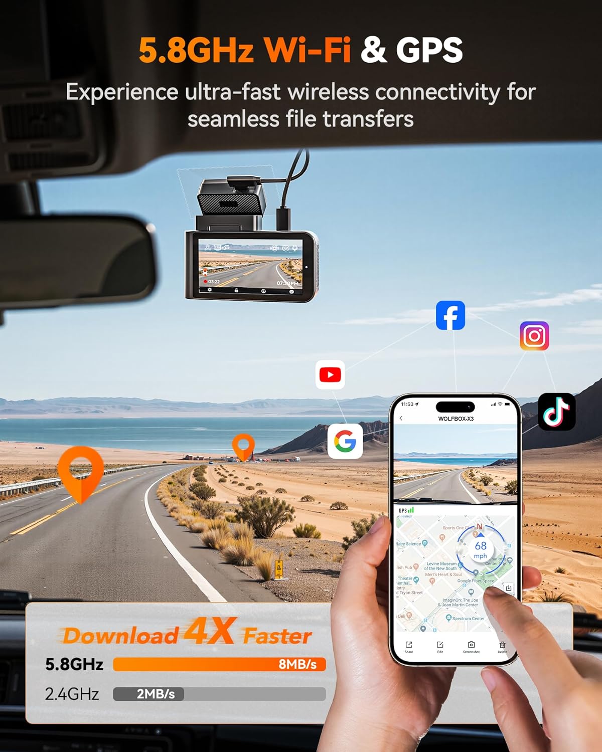 WOLFBOX X3 2.5K 1440P 60FPS Dash Camera, STARVIS 2 IMX675 with ADAS, 1440P+1080P Dual Dashcam Front and Rear Camera with Built-in 5.8GHz WiFi & GPS, 64GB Card, Touch Screen, G-Sensor, Loop Recording