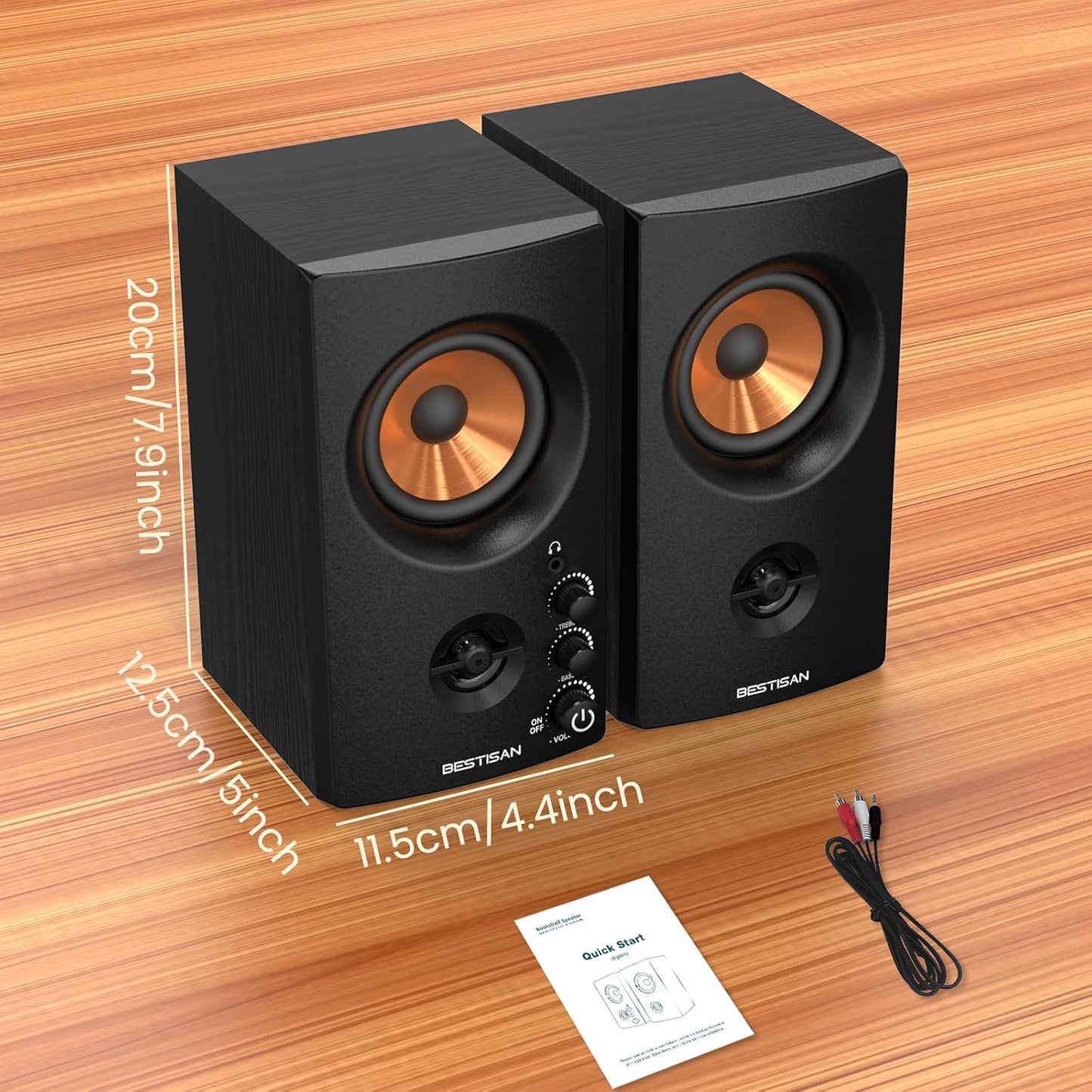 BESTISAN Active Bookshelf Speakers, 50W BT Home Speakers, 3’’ Woofer, 1’’ Silk Dome Tweeter PC Speakers, RCA Speakers for Desktop/Turntable/TV, Bass & Treble Adjustable, Headphone Port for Gaming