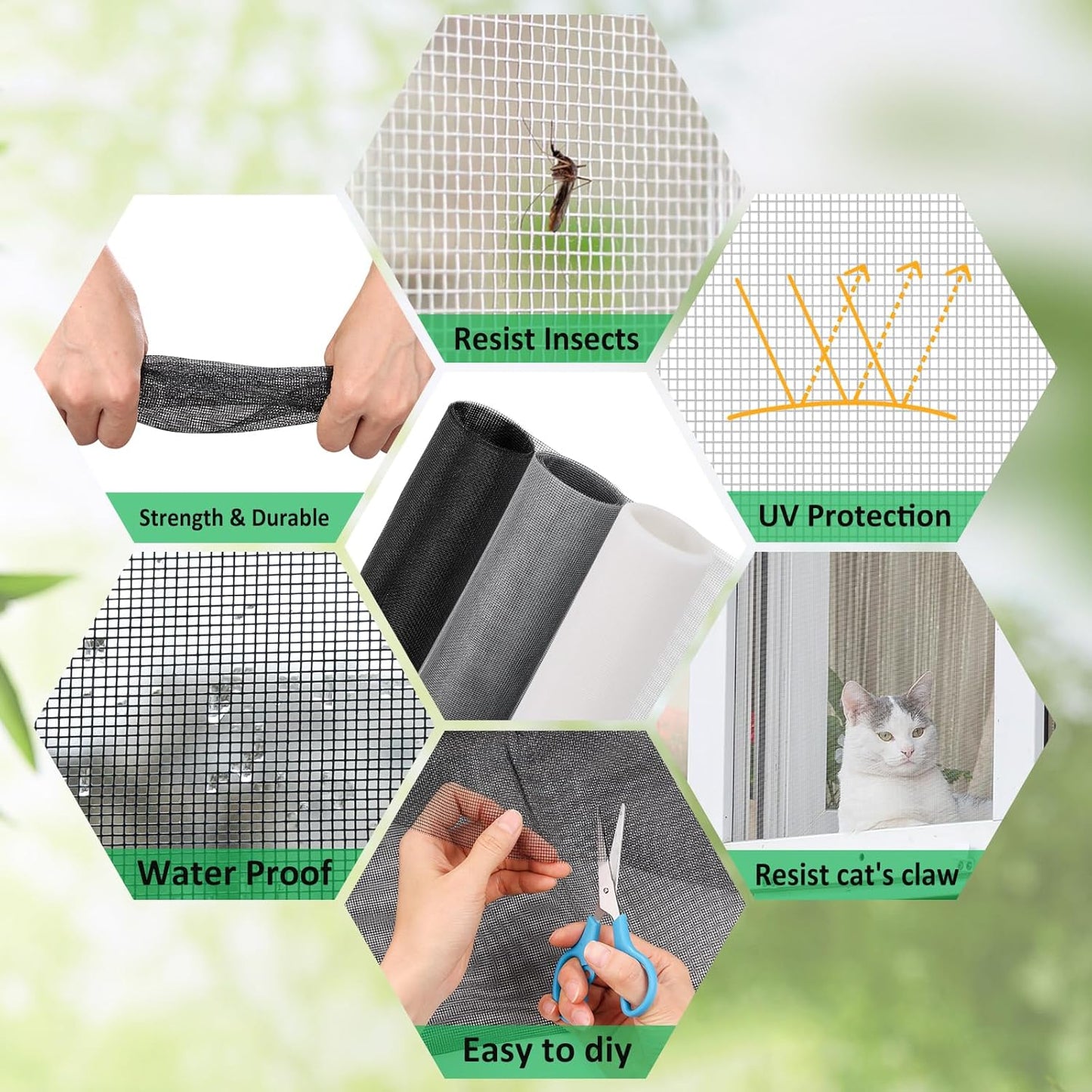 Windows Screen Replacement and Screen Door Repair Kit, 6Pcs Window Screen Fiberglass Mesh Kit - Window Screen & Screen Door Mesh & Screen Porch Repair Kit (White, 59" x 106")