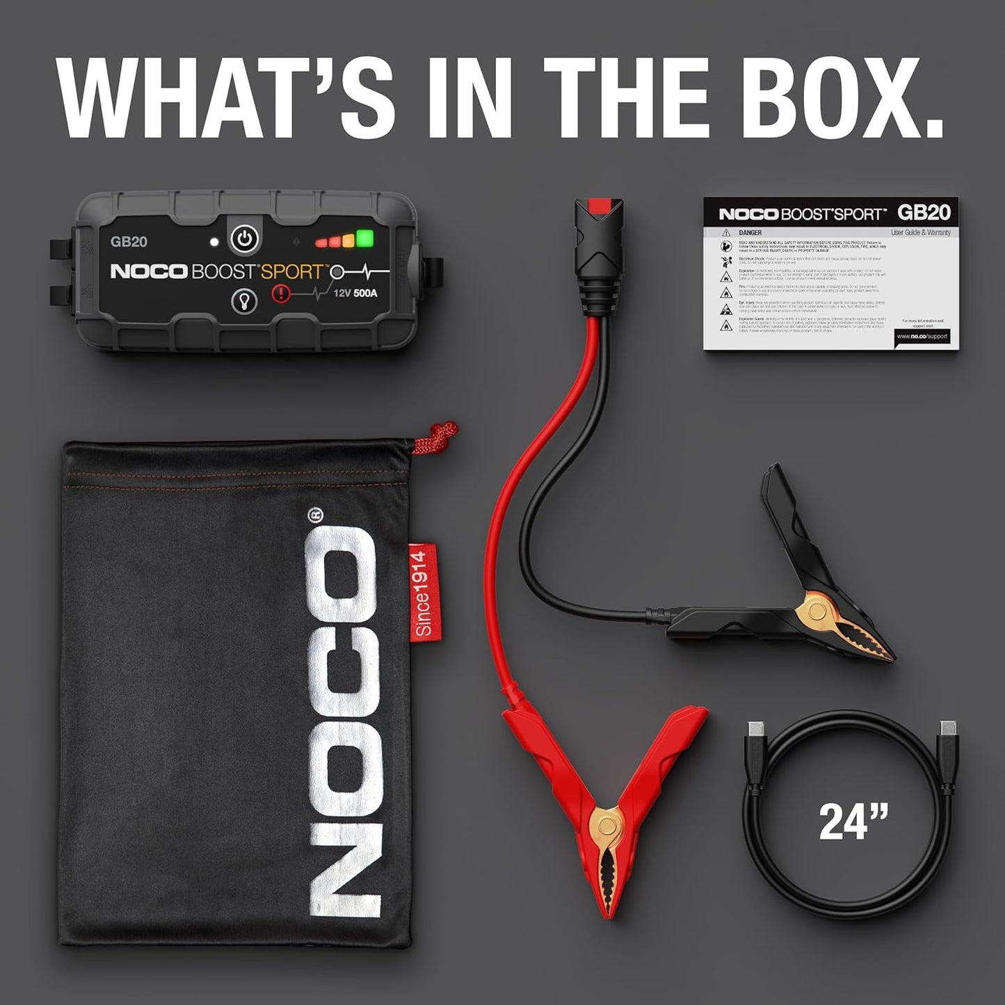 NOCO Boost GB20: 500A UltraSafe Jump Starter – 12V Lithium Battery Booster Pack, Portable Jump Box, Power Bank & Jumper Cables - for 4.0L Gas Engines