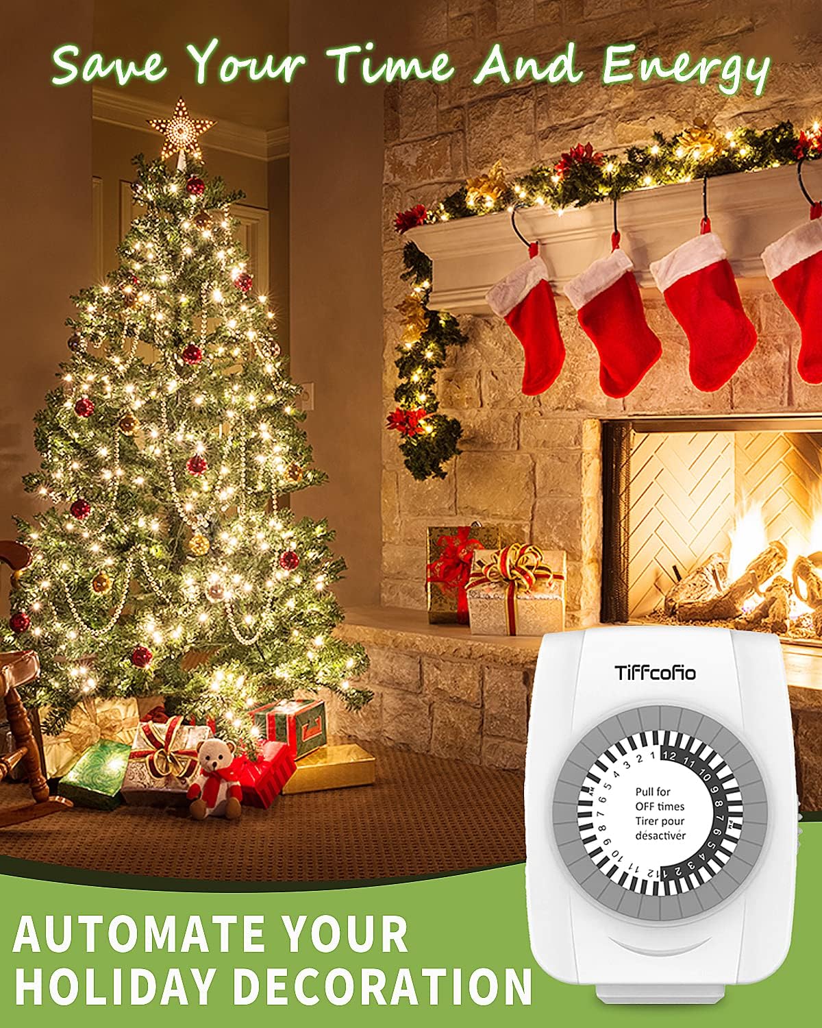 TiFFCOFiO Indoor Mechanical Outlet Timer, 3 Prong Timers for Electrical Outlets, 24-Hour Programmable Plug in Light Timer, ETL Listed (1 Pack)