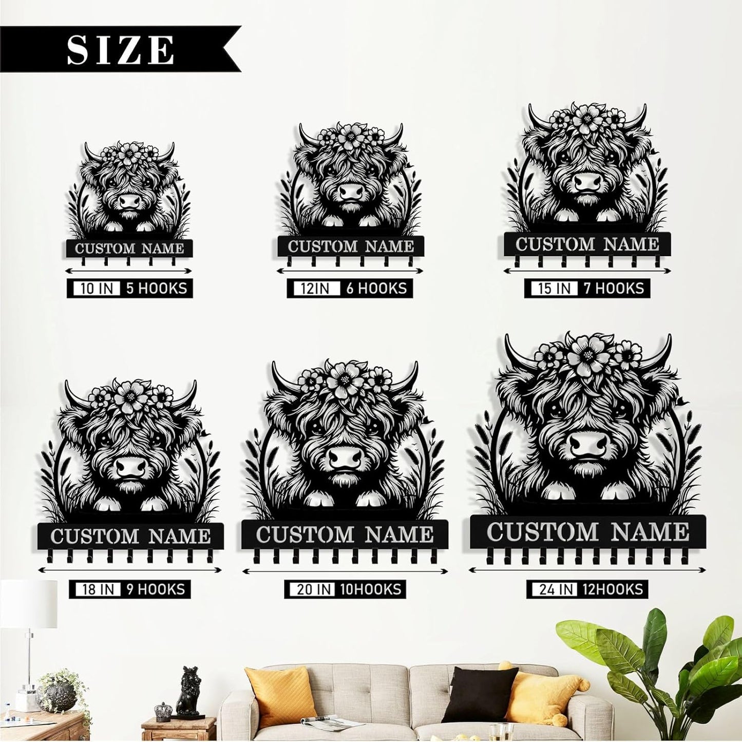 Personalized Highland Cow Key Holder Wall Mount, Custom Metal Key Rack Key Holder with Name, Deer Cabin Wall Keys Hanger with Hooks for Entryway, Front Door, Hallway, Kitchen, Living Room