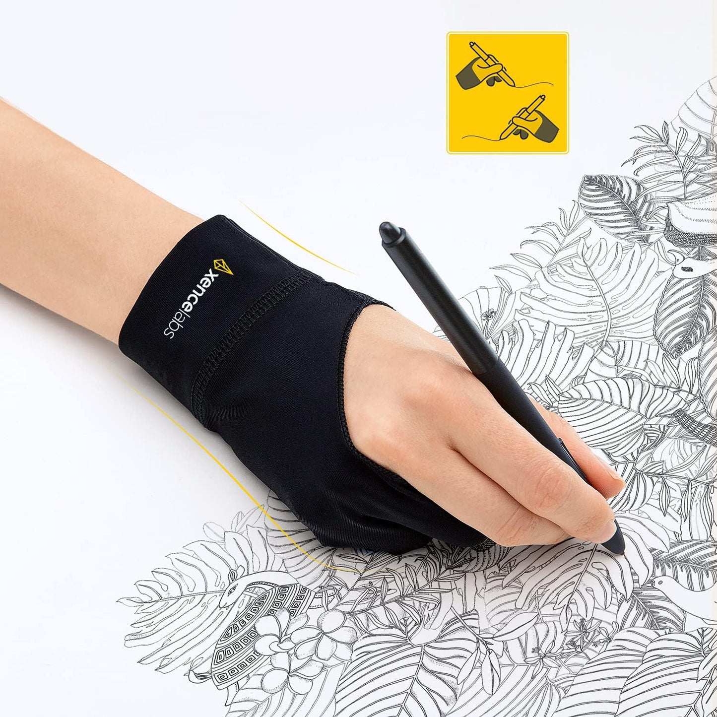 XENCELABS Drawing Glove, Breathable Artist Glove for Drawing Tablet, Two Fingers for Left Right Hand Black Size M