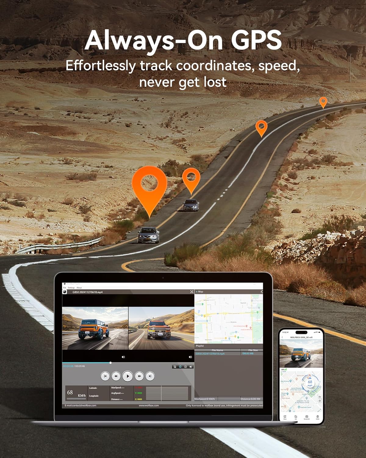 WOLFBOX 12" 4K Rear View Mirror Camera with 5.8GHz WiFi and Voice Control, Smart Mirror Dash Cam Front and Rear, Backup Camera with 1080P Rear Camera, Dash Cam with WDR, Includes 64GB Card & GPS
