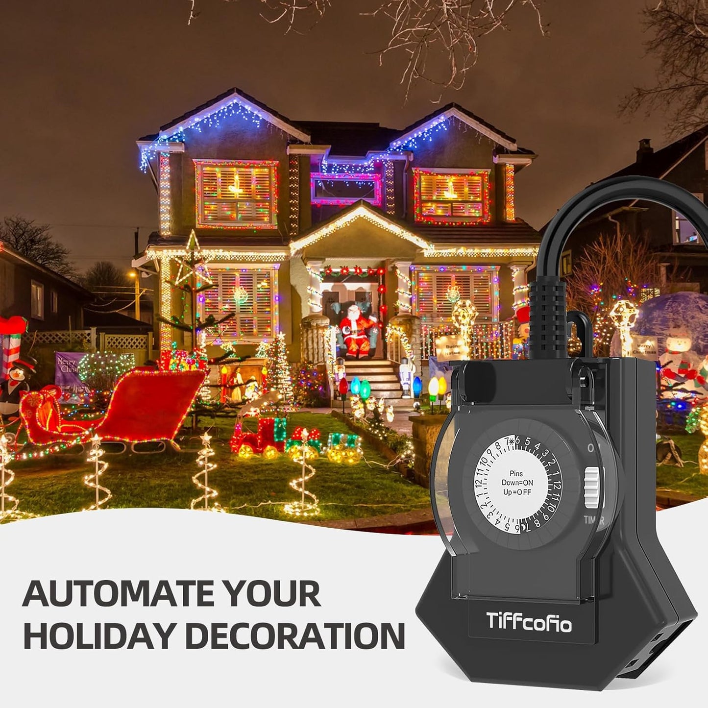 Outdoor Timer Outlet Waterproof, 24 Hour Mechanical Light Timer Outdoor, 2 Grounded Outlets for Home and Garden, 15A 1/2HP, Heavy Duty, ETL Listed (1 Pack)