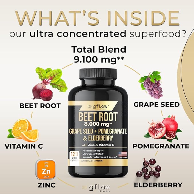 Beet Root Powder Capsules 8000mg High concentrated formula, Beetroot Extract, Elderberry with Vitamin C and Zinc, Pomegranate, Grape Seed, Nitric Oxide Supplement - Non-GMO, USA Made - 2 Months Supply